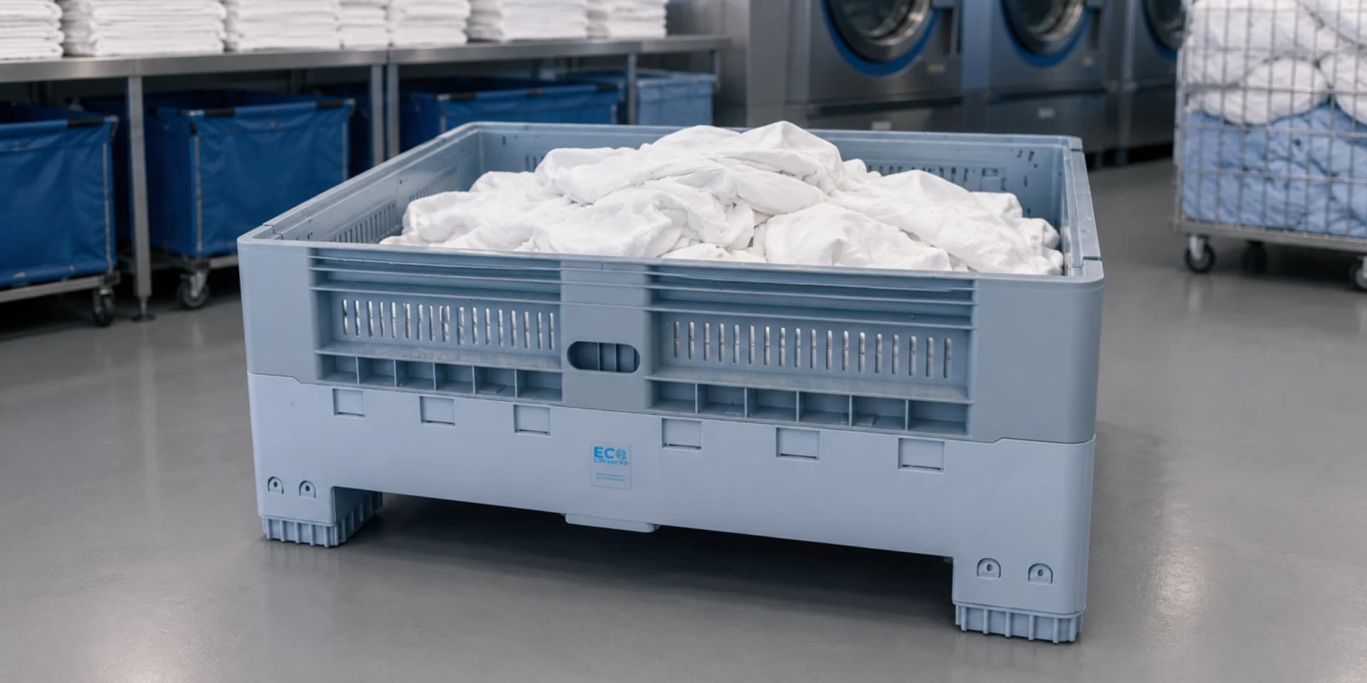 Laundry — plastic pallets, crates and spill containment